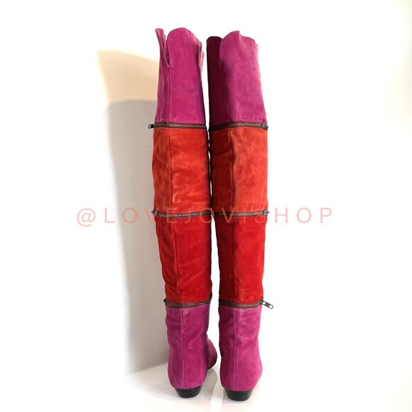 Vintage 80s | Maximalist Tiered Suede Thigh High to Ankle Boots Pink Fuchsia Red - Picture 5 of 16